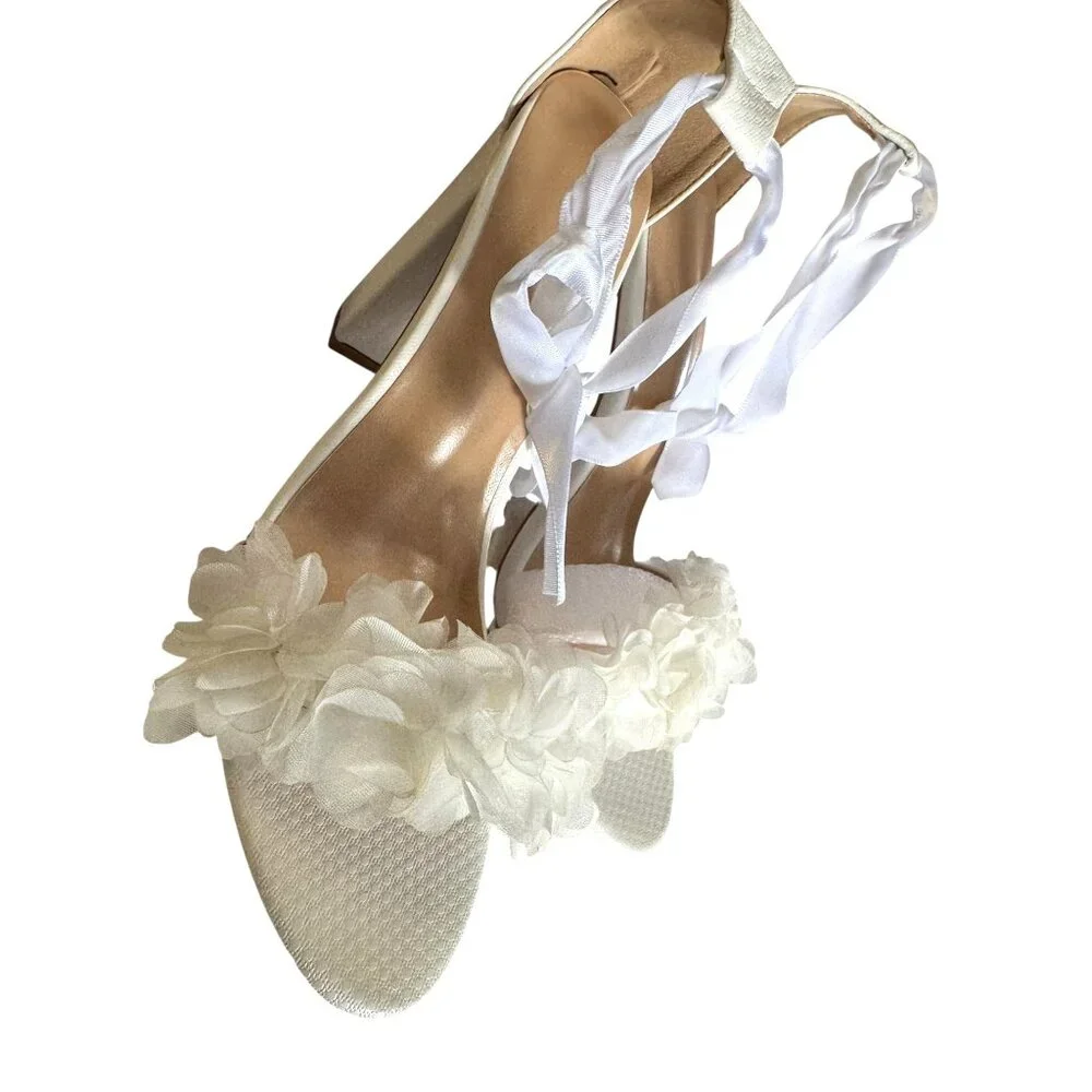 Bride Wedding‎ Block Heel Sandals With Pearl & Ribbon Details Size EU 41 NWB
